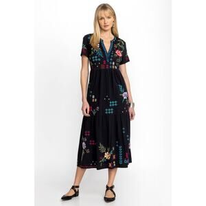 JOHNNY WAS KATIE HENLEY TIERED KNIT DRESS Size XL Cotton Floral Embroidered